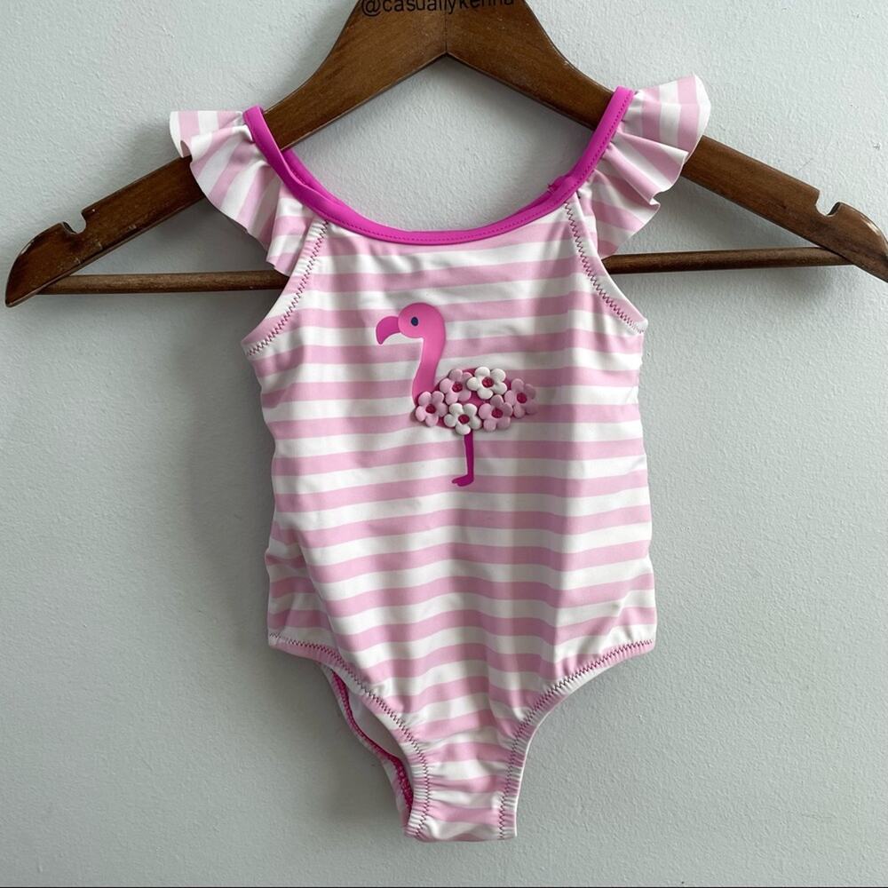 Kilo And Max | Pink & White Striped Flamingo Swimsuit One Piece Ruffle Strap 24M - Picture 2 of 9